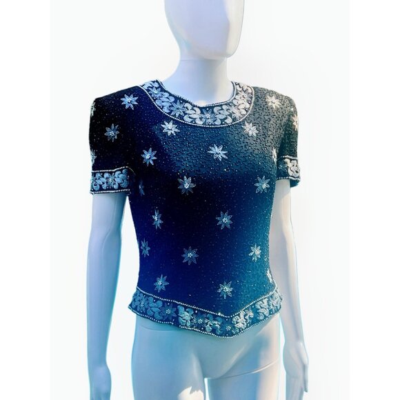 Vintage Black Beaded & Silver Floral Embroidered Short-Sleeve Top With Intricate - Picture 2 of 12